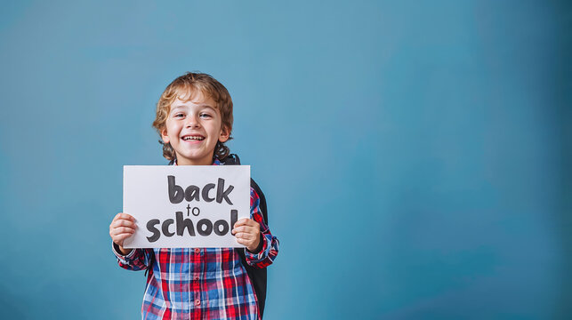 a smiling child holds a sign with the text "back to school" - blue background