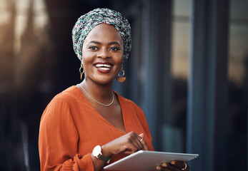 Happy black woman, tablet and thinking by office for psychology blog ideas, startup and research....