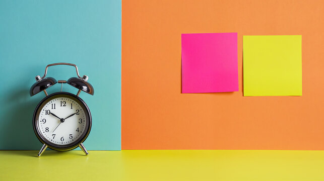 an alarm clock next to blank fluo memo 