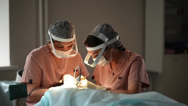 Tracking shot of two specialists receding hair follicles from donor area of male patient for hair transplantation in clinic. Process of hair transplant with innovation FUE Sapphire method, slowmo.