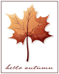 Autumn leaf. Card with the inscription hello autumn. Vector illustration, background, cute seasonal card.