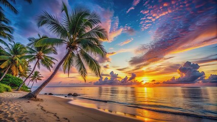 Fototapeta premium Colorful sunset over a tropical paradise beach with palm trees and calm ocean , sunset, tropical, paradise, beach, colorful