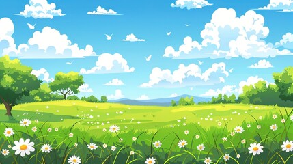 Naklejka premium Cartoon meadow spring country meadow landscape background of a springtime green pasture field with a blue summer sky and fluffy summertime clouds, stock illustration image
