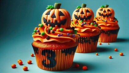 Three Halloween cupcakes decorated with orange frosting, sprinkles, and fondant pumpkins are lined up against a blue background..Concept: Festive Halloween Cupcakes