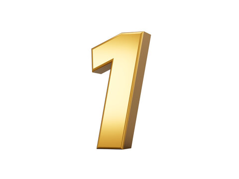 Golden metallic alphabet, Number one, White background 3d illustration
