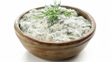 A bowl of Greek tzatziki with dill and cream cheese against a white background in a studio photograph with professional color grading and soft shadows.