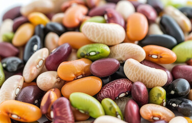 A high-angle view of mixed beans on a white background, isolated.