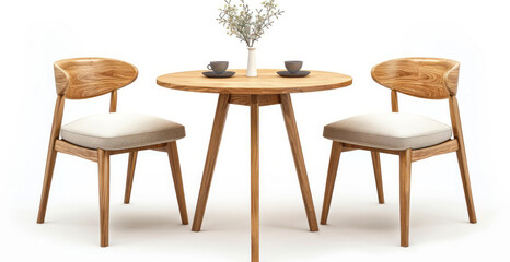 A modern retro dining table with two chairs isolated on a white background in a minimalist style.