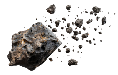 An asteroid with floating small pieces isolated on a transparent background.