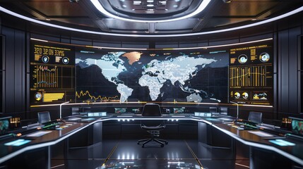 futuristic command center monitoring global budget trends with a panoramic display of financial data and interactive maps