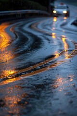 Car on wet street at night