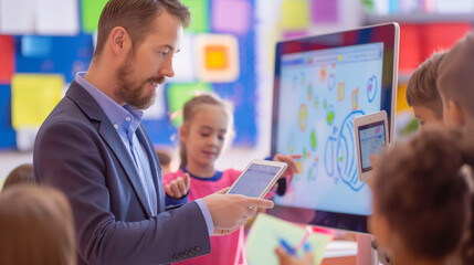 A teacher using an interactive smartboard to engage students, with digital tablets and educational software enhancing the learning experience in a bright classroo