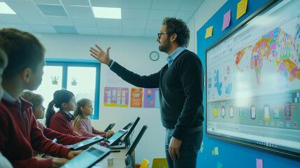 A teacher using an interactive smartboard to engage students, with digital tablets and educational software enhancing the learning experience in a bright classroo