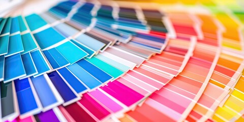 Color guide close up. Assortment of colors for design. Colors palette fan on a white concrete wall background. Graphic designer chooses colors from the color palette guide. Coloured swatches catalogue