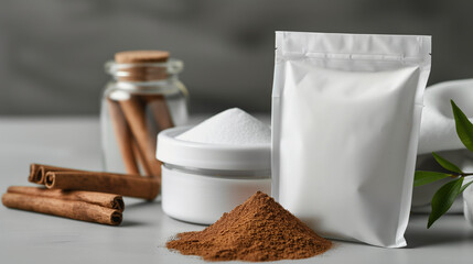 Elegant White Flexible Pouches Mockup Displayed with Minimal Cinnamon Extract on Bright Gray Background, Aesthetic Cool Tone and Fashion Product Photography