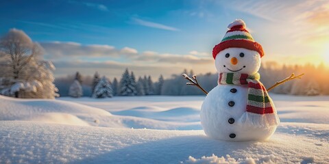 Obraz premium Snowman made of fresh snow in a winter landscape , snowman, snow, winter, cold, frost, hat, scarf, carrot nose, buttons
