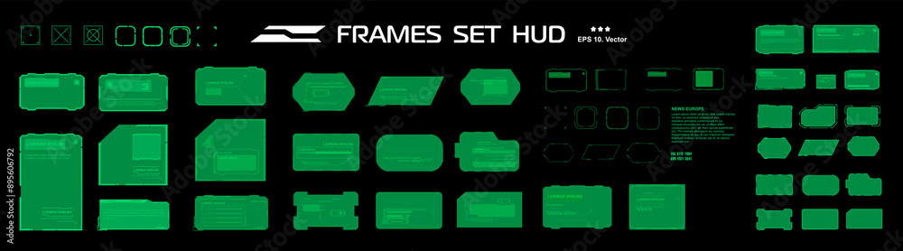 Poster Set of vector frames for HUD user interface. Frames, windows and blocks with data. Modern text windows and HUD interface elements. Template with set of vector elements and frames