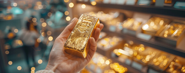 A hand holding a gold bar in a busy, illuminated store, symbolizing the buying and selling of gold