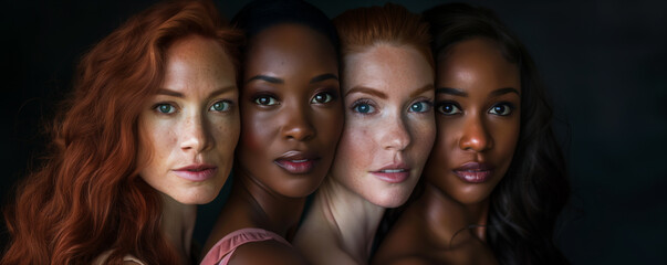 Obraz premium Portrait of four diverse women with varying skin tones and hair colors, standing closely together against a dark background
