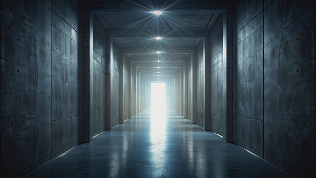Dark, eerie corridor with mysterious portal at the end, horror, creepy, suspenseful, hallway, corridor, spooky, ominous