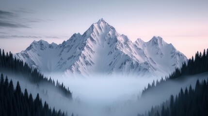 Serene mountain landscape, pristine peaks covered in snow, quiet valley below, mystical mist weaving through the trees, enchanted twilight sky