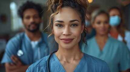 Ultra-clear shot of a diverse team of healthcare workers, united in purpose, hospital setting, 