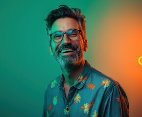 Happy Man With Glasses Posing Against a Green and Orange Background