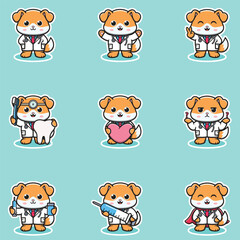 Vector illustration of Cute Character Cartoon of Dog Doctor. Dog character different poses illustration. Flat Cartoon Style. Animal Health Concept. 