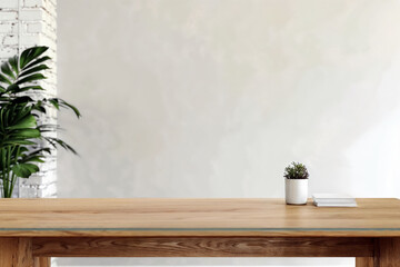 Empty wooden table with plants and books in front of white wall perfect for product display