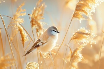 A charming image of a bearded reedling perched among tall reeds, with a soft-focus background. 