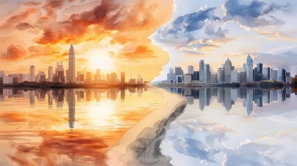 Obraz premium Climate resilience planning, global warming concept, watercolor illustration, flat design, high quality, very detailed, hyper realistic photograph