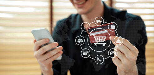 Customer open hologram graphic interface controlling device choosing online platform. Smart consumer touch gadget open e-commerce application using cashless technology shopping inventory. Cybercash.