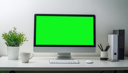Fototapeta premium A modern computer monitor with a green screen, placed on a stand, isolated on a white background, ideal for website or software mockups.