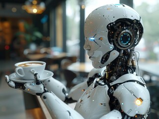 Fototapeta premium A futuristic robot with advanced technology is depicted holding a cup of coffee in a modern indoor café setting, blending the old with the new seamlessly.