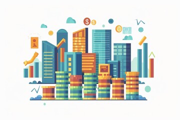 Obraz premium Vibrant cityscape featuring modern buildings, stacks of coins, and financial icons illustrating economic growth and investment.