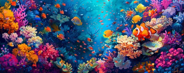 Fototapeta premium A vibrant coral reef teeming with colorful fish.