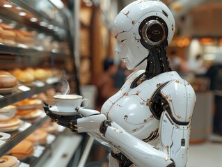Fototapeta premium An articulate robot is seen enjoying a hot cup of artistically decorated coffee in a modern café, depicting a blend of robotic function and human-like enjoyment.