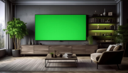 A modern flat-screen TV with a green screen, set in a stylish living room, perfect for entertainment or advertising mockups.