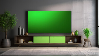 A modern flat-screen TV with a green screen, set in a stylish living room, perfect for entertainment or advertising mockups.