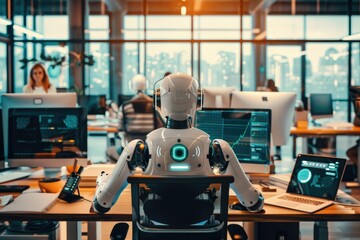 An office environment where a robotic process automation (RPA) system is managing routine tasks, with employees focusing on strategic planning
