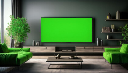 A modern flat-screen TV with a green screen, set in a stylish living room, perfect for entertainment or advertising mockups.