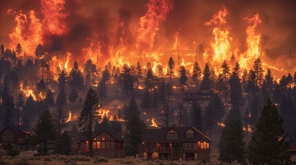  forest fire advancing towards a small community, with flames and smoke threatening homes and wildlife