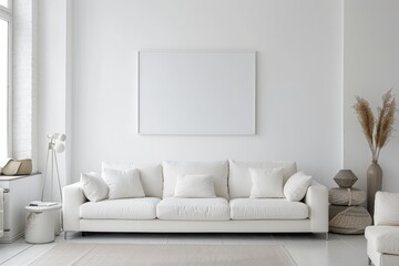 Fototapeta premium A modern living room with a white sofa, white walls, and minimal decor, captured in a raw photo that showcases the clarity and simplicity of the space.