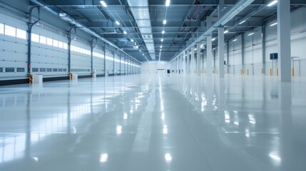 An empty, well-lit warehouse featuring clean floors and high-tech infrastructure. The clear lighting emphasizes the spacious and organized environment.