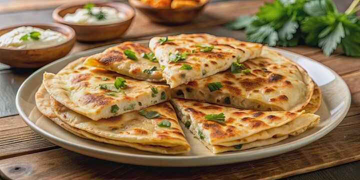 Cheesy chicken parathas on a plate , Indian cuisine, stuffed paratha, delicious, homemade, traditional, savory