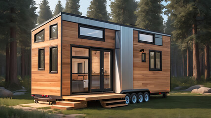A compact, efficient tiny house on wheels, representing minimalism and sustainable living.