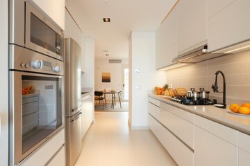 Modern white kitchen with sleek appliances, cozy breakfast area, and minimalistic decor