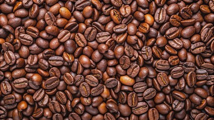 Fototapeta premium Close up of dark roasted coffee beans background with top view, coffee, beans, roasted, dark brown, close up, background