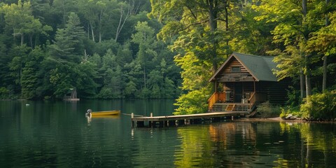 Obraz premium A cozy lakeside cabin surrounded by lush greenery, with a wooden dock extending into the calm water and a small boat moored nearby.