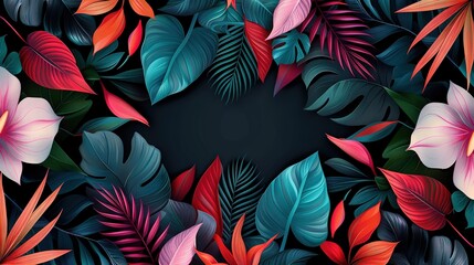   A black canvas featuring vibrant red, green, and blue foliage, accompanied by a centered black circle
